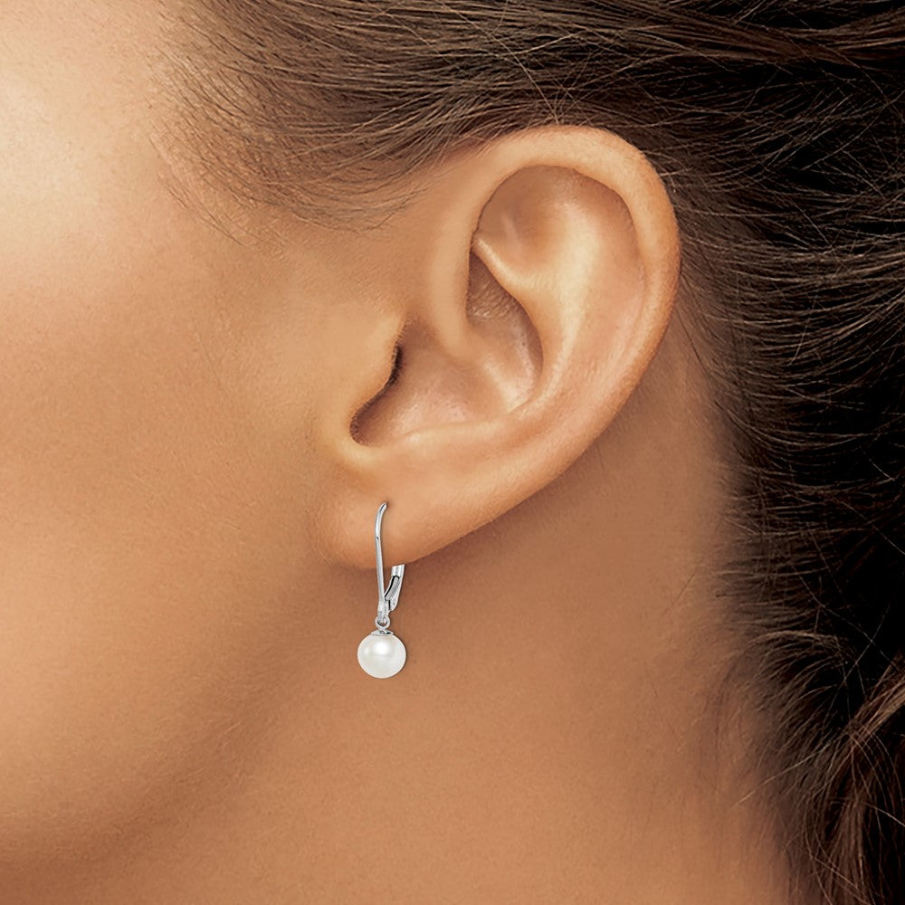 Sterling Silver Rhodium-plated 6-7mm White Round Freshwater Cultured Pearl Leverback Dangle Earrings