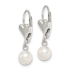 Sterling Silver Rhodium-plated 6-7mm White Round Freshwater Cultured Pearl Heart Leverback Dangle Earrings
