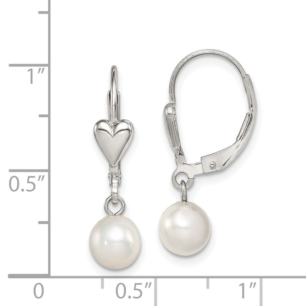 Sterling Silver Rhodium-plated 6-7mm White Round Freshwater Cultured Pearl Heart Leverback Dangle Earrings