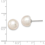 Sterling Silver Rhodium-plated 10-11mm White Button Freshwater Cultured Pearl Post Earrings