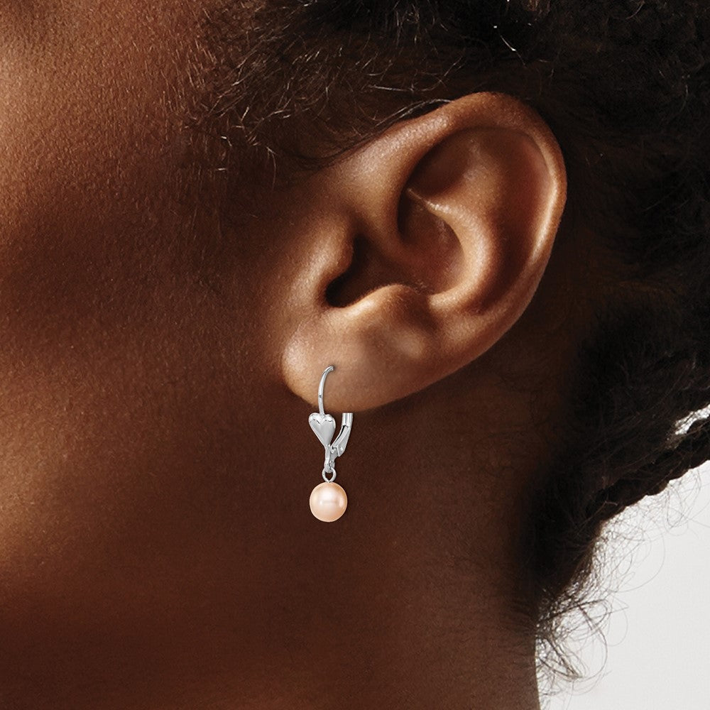 Sterling Silver Rhodium-plated 6-7mm Pink Round Freshwater Cultured Pearl Heart Leverback Dangle Earrings