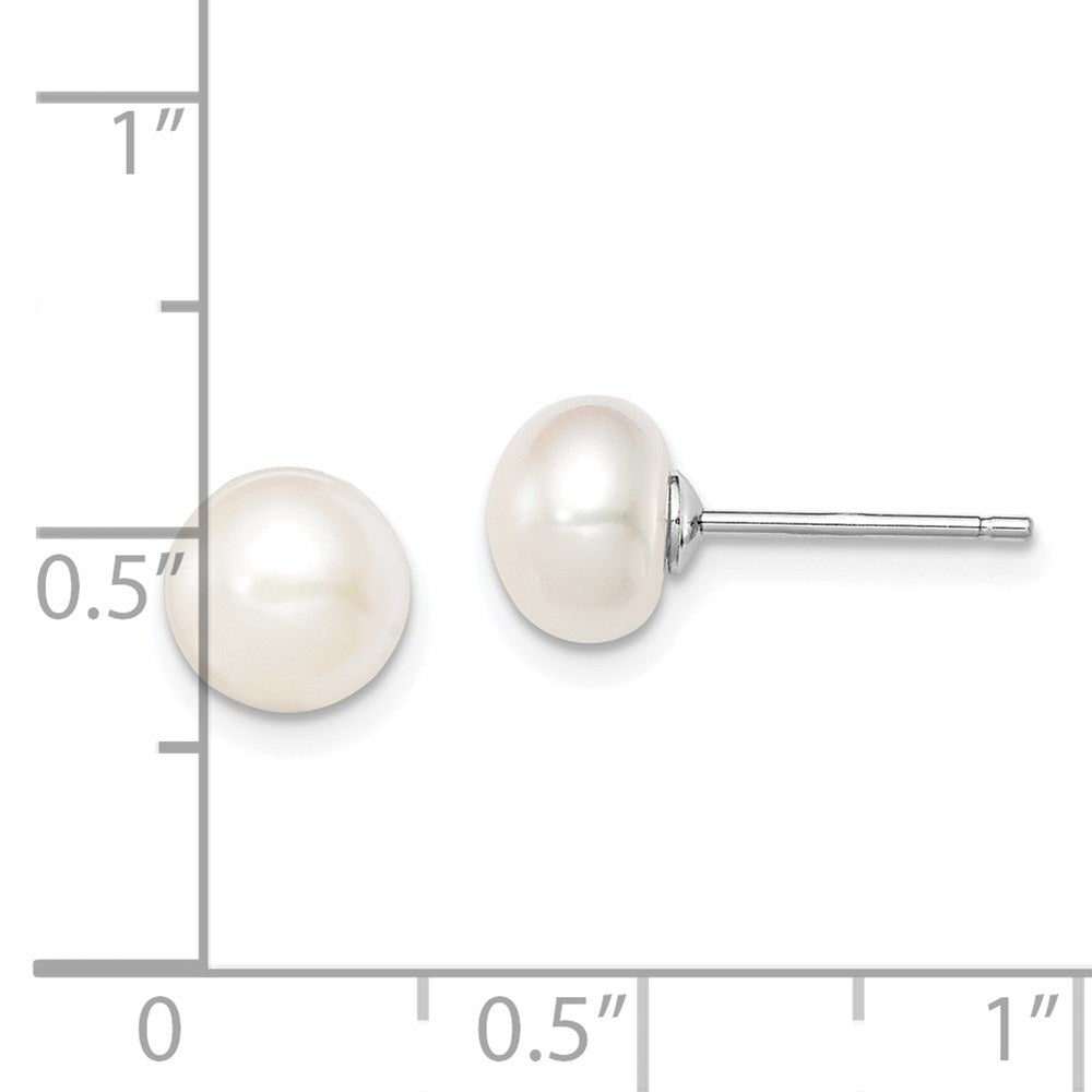 Sterling Silver Rhodium-plated 7-8mm White Button Freshwater Cultured Pearl Post Earrings