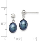 Sterling Silver Rhodium-plated 7-8mm Black Rice Freshwater Cultured Pearl Post Dangle Earrings