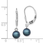 Sterling Silver Rhodium-plated 6-7mm Black Round Freshwater Cultured Pearl Leverback Dangle Earrings