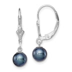 Sterling Silver Rhodium-plated 6-7mm Black Round Freshwater Cultured Pearl Leverback Dangle Earrings
