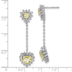 Sterling Silver Polished Diamond & Lemon Quartz Heart Dangle Earrings