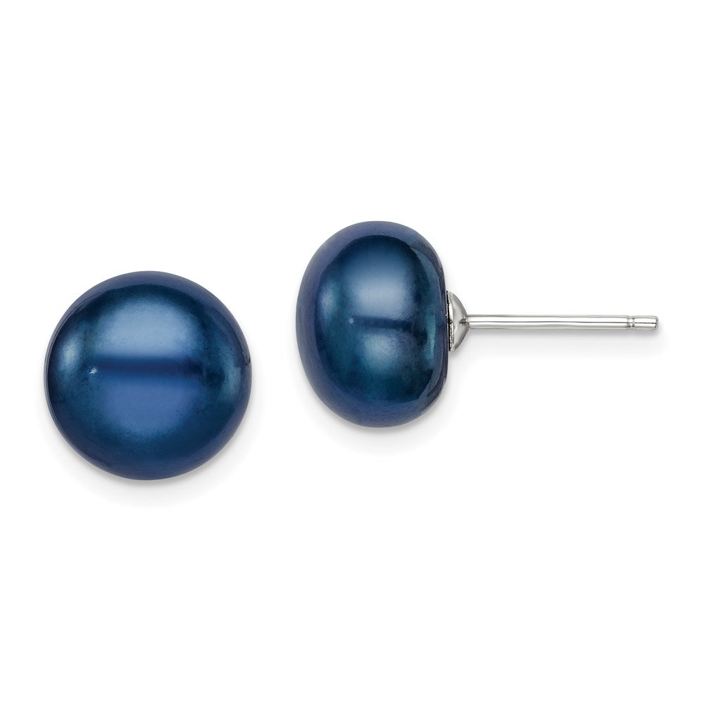 Sterling Silver Rhodium-plated 10-11mm Black Button Freshwater Cultured Pearl Post Earrings