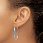 Sterling Silver Rhodium Plated Diamond-cut 2x35mm Hoop Earrings