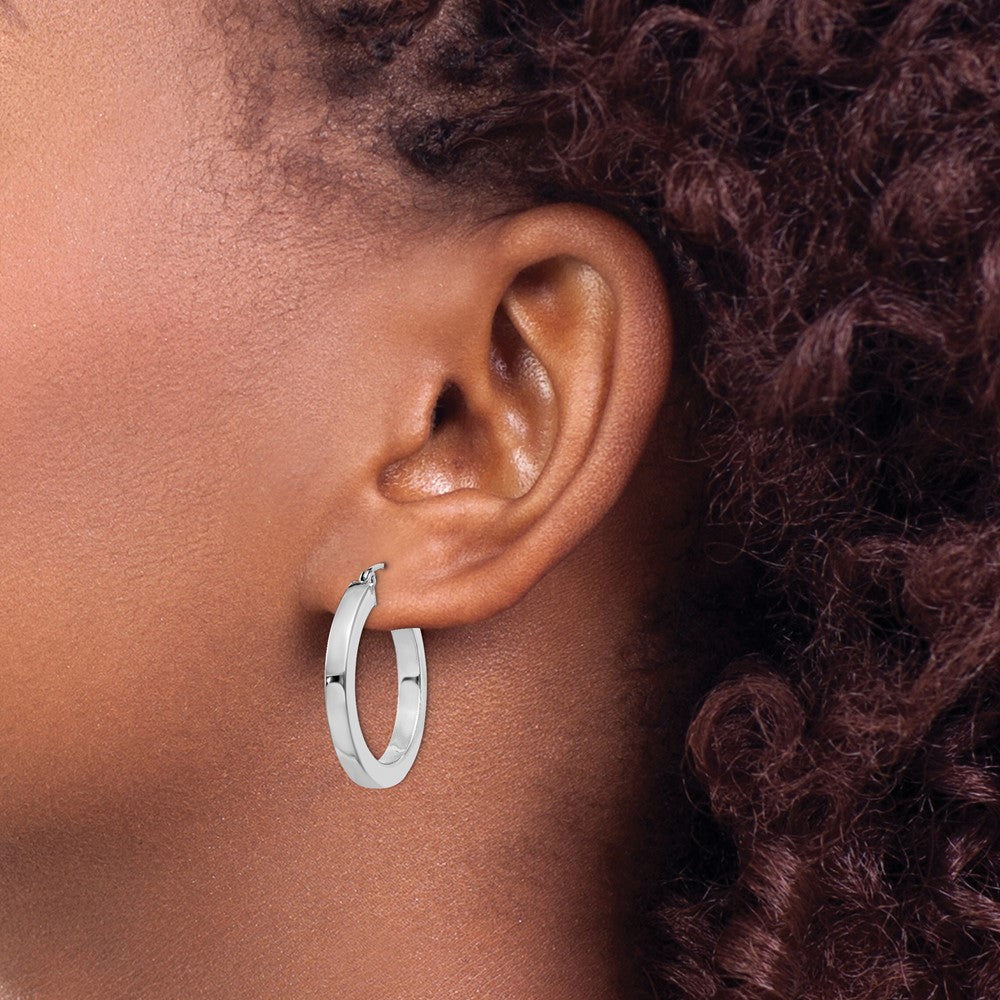 Sterling Silver Rhodium-plated 3x25mm Square Tube Hoop Earrings