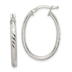 Sterling Silver Rhod-plated Textured 3mm Hollow Oval Hoop Earrings