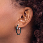 Sterling Silver Rhodium-plated Black Glitter Enamel 2x25mm Hoop Earrings