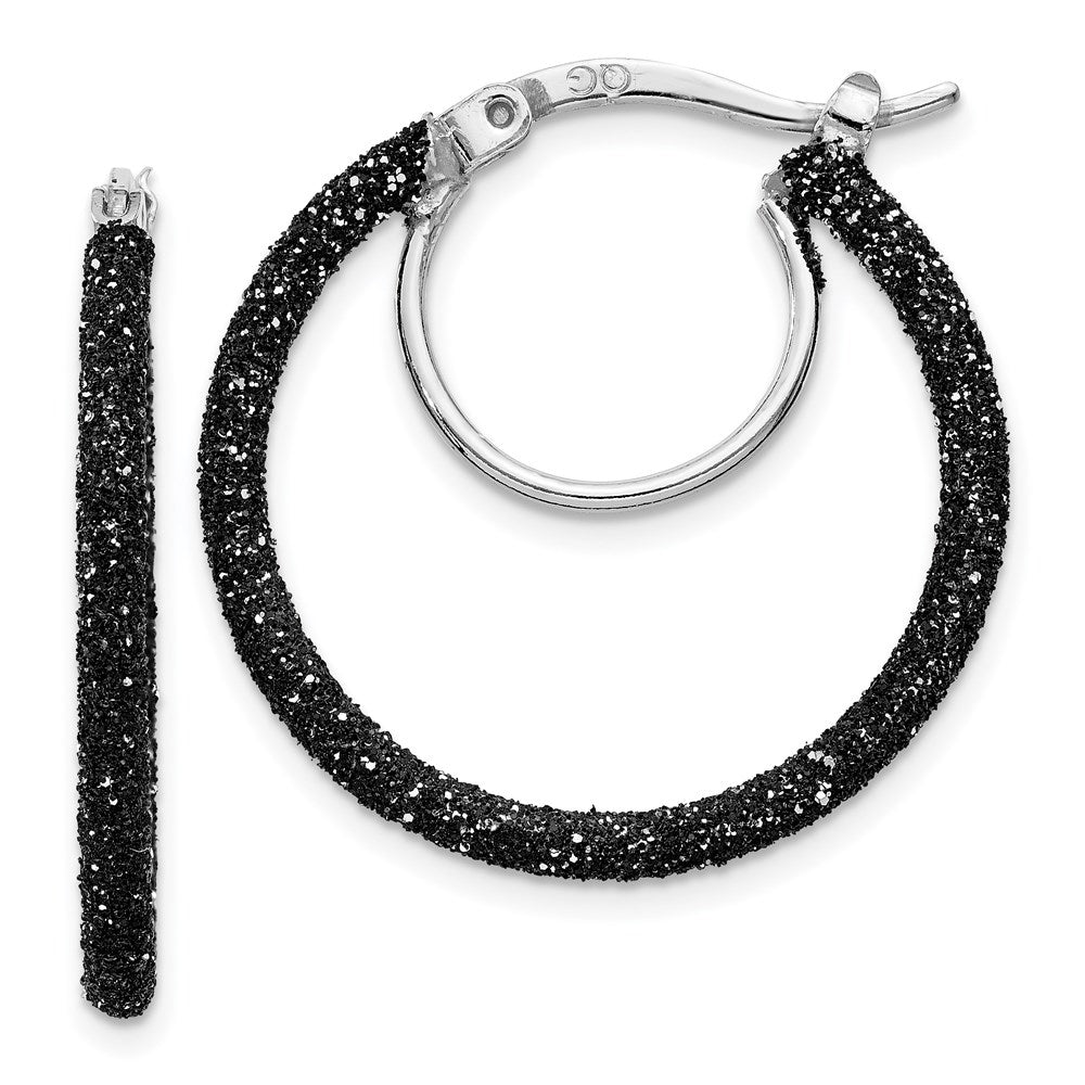 Sterling Silver Rhodium-plated Black Glitter Enamel 2x25mm Hoop Earrings