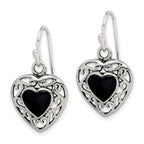 Sterling Silver Antiqued Onyx Heart Dangle Earrings