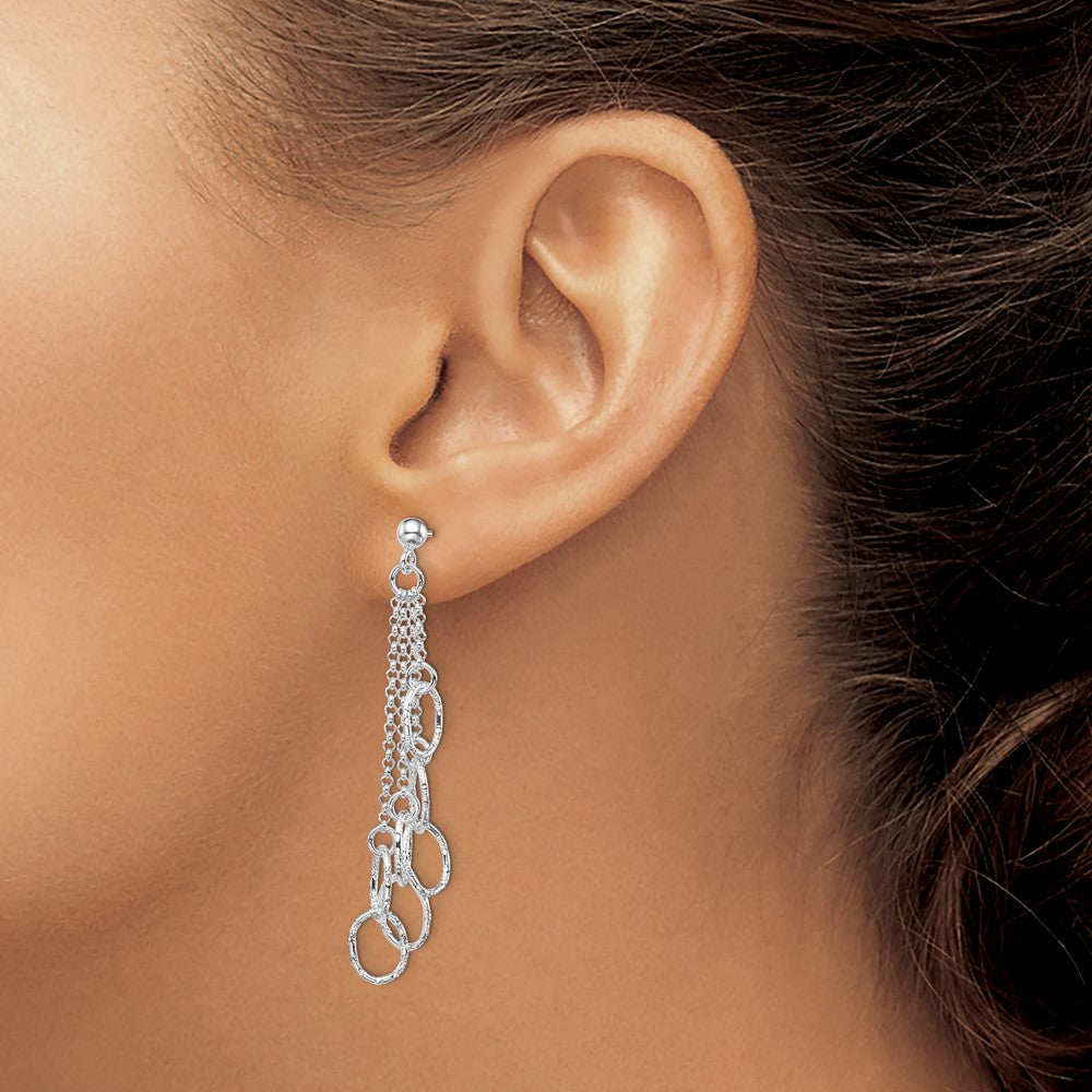 Sterling Silver RH-plated Polished Textured Oval & Chain Post Dangle Earrin