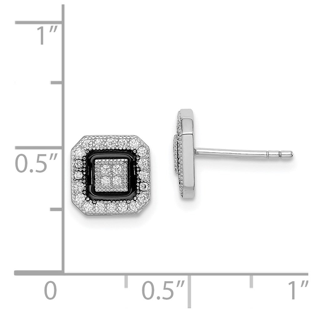 Sterling Silver RH-plated Black Enamel & Pav‚ CZ Square Halo Post Earrings