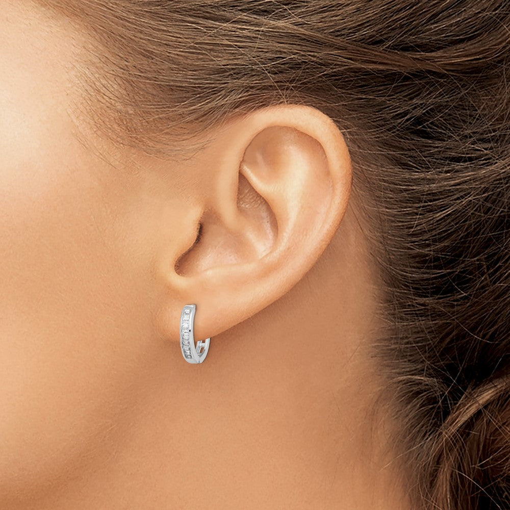Sterling Silver Rhodium-plated CZ Baguette Hinged Hoop Earrings