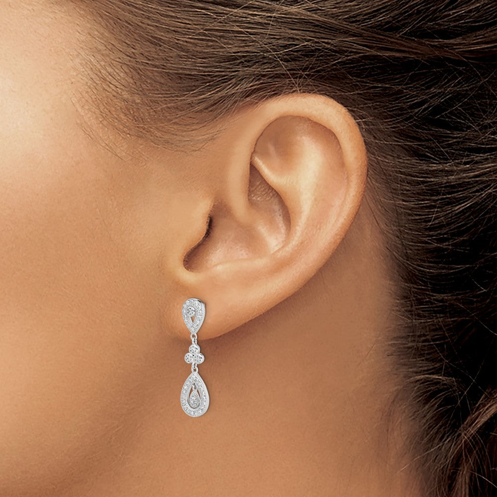 Sterling Silver Rhodium-plated CZ Pav‚ Pear Dangle Post Earrings