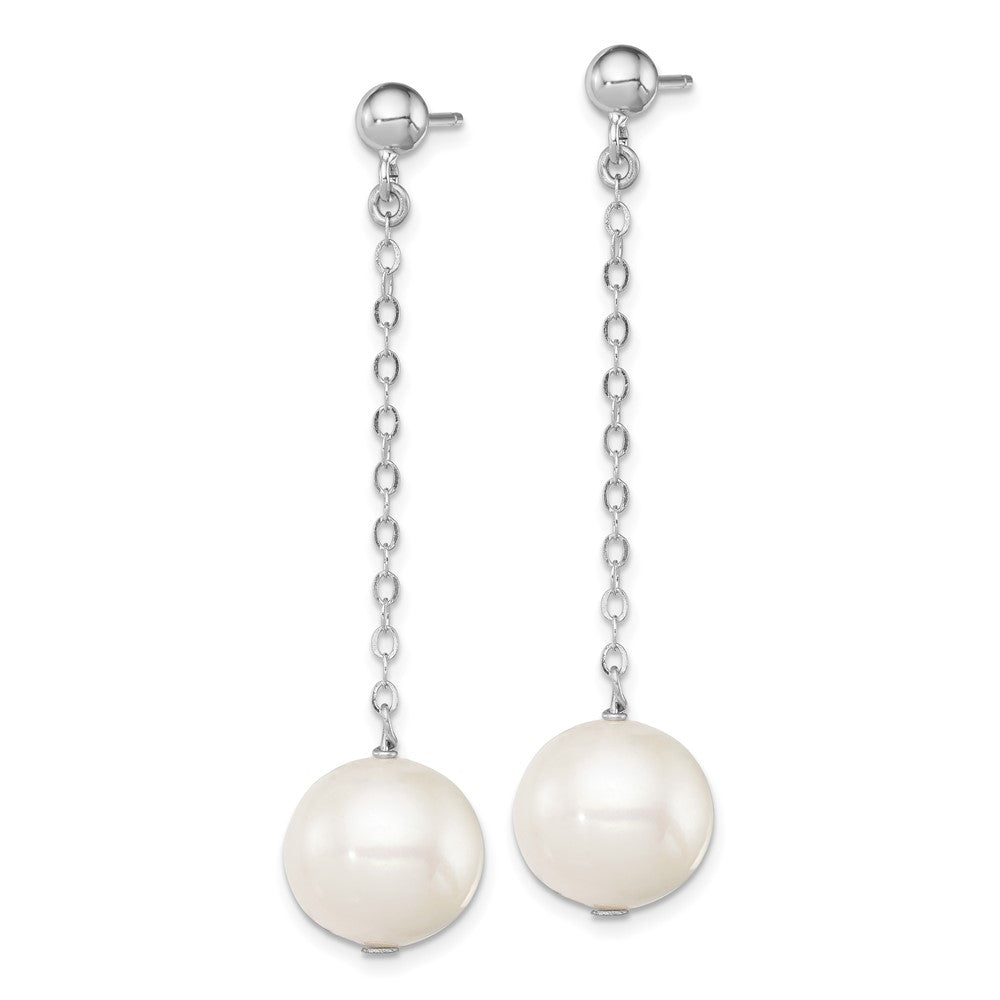 Sterling Silver Rhodium-plated 10-11mm White Round Freshwater Cultured Pearl Dangle Post Earrings