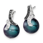 Sterling Silver Polished Black and White CZ with 9-10mm Black Imitation Shell Pearl Post Earrings