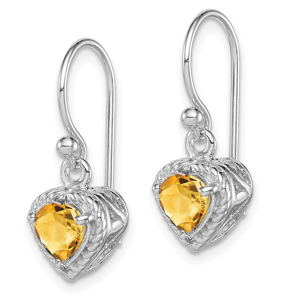 Sterling Silver Rhodium-plated Citrine Filigree Heart Dangle Earrings