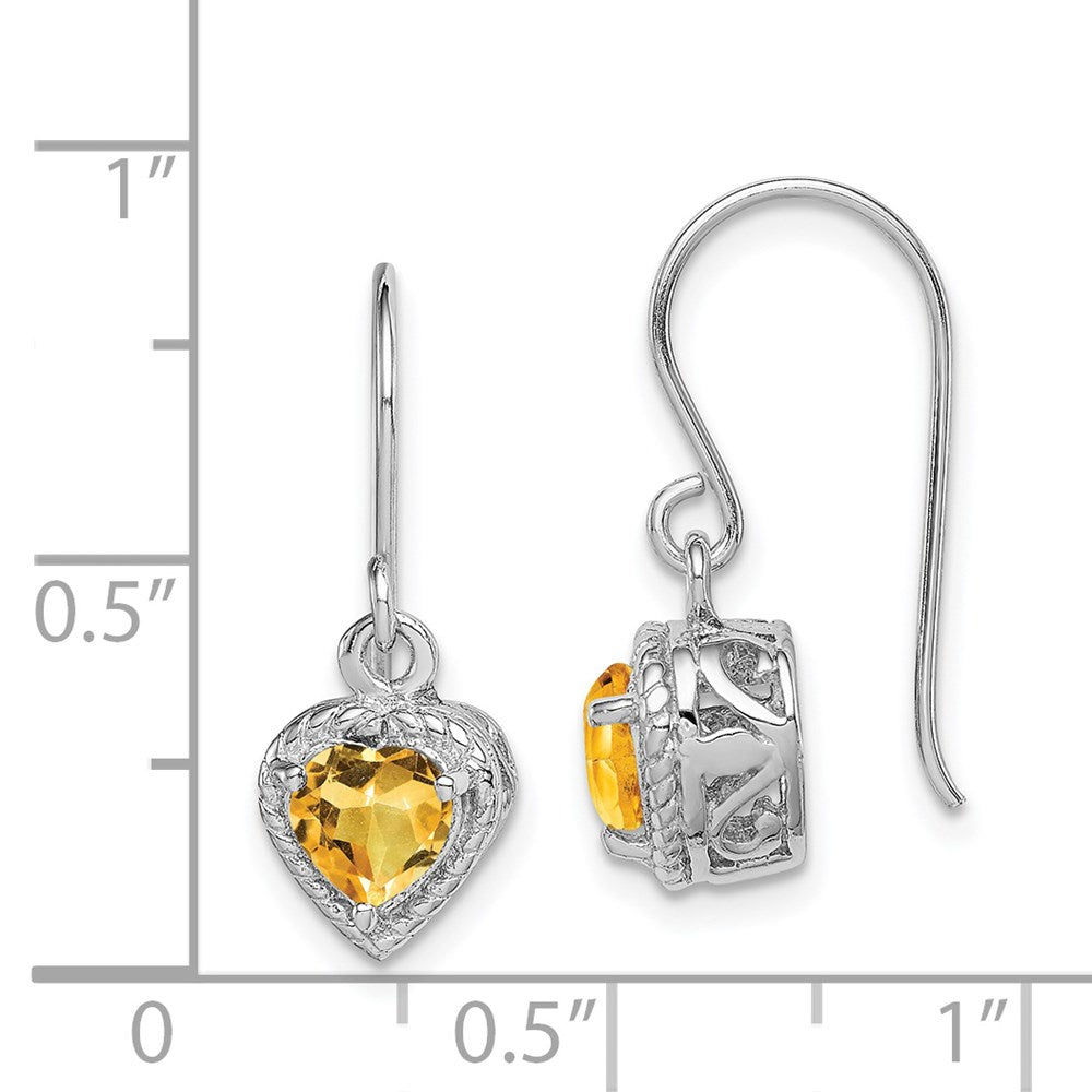 Sterling Silver Rhodium-plated Citrine Filigree Heart Dangle Earrings