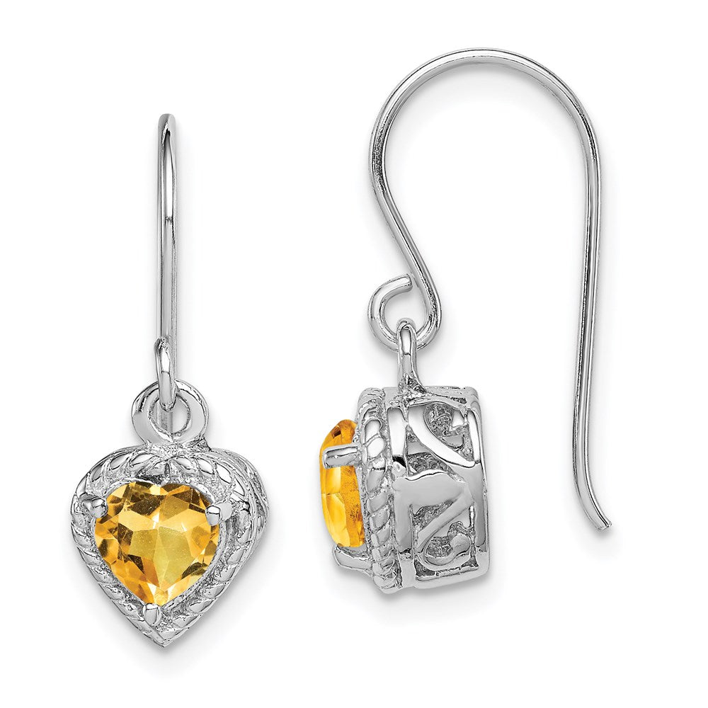 Sterling Silver Rhodium-plated Citrine Filigree Heart Dangle Earrings