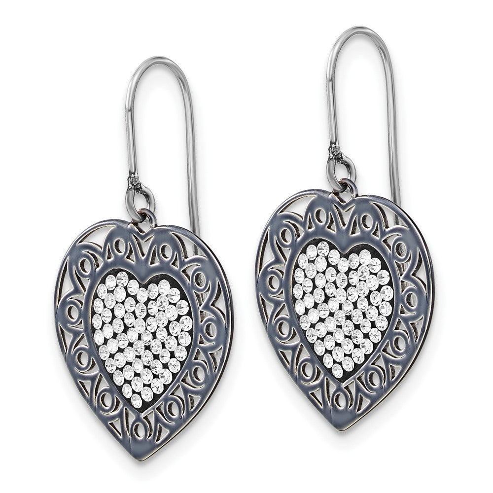 Sterling Silver & Black Ceramic Crystal Heart Dangle Earrings