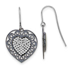 Sterling Silver & Black Ceramic Crystal Heart Dangle Earrings