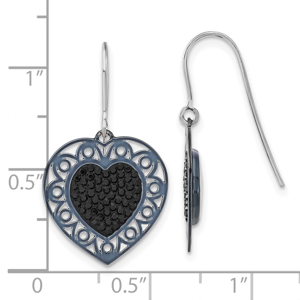 Sterling Silver Black Ceramic Black Crystal Heart Dangle Earrings