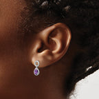 Sterling Silver Rhodium Plated Amethyst Pear Twisted Earrings