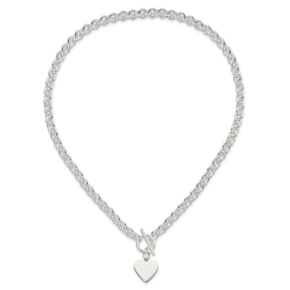 Sterling Silver Engraveable Heart Disc on Fancy Link Toggle 18in Necklace