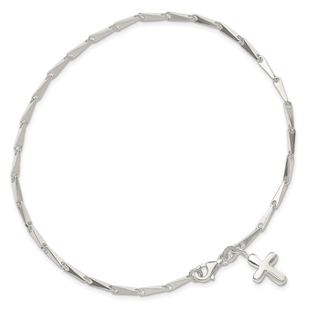 Sterling Silver 10 in Solid Polished Cross on Fancy Link Anklet