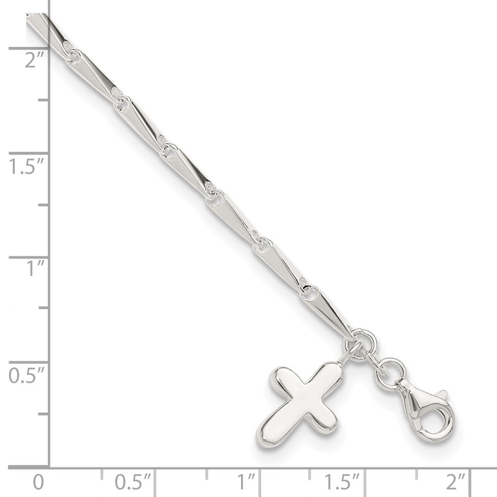 Sterling Silver 9 in Solid Polished Cross on Fancy Link Anklet