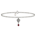 Sterling Silver Dark Pink Crystal Dangling Antiqued Heart 10 inch Anklet