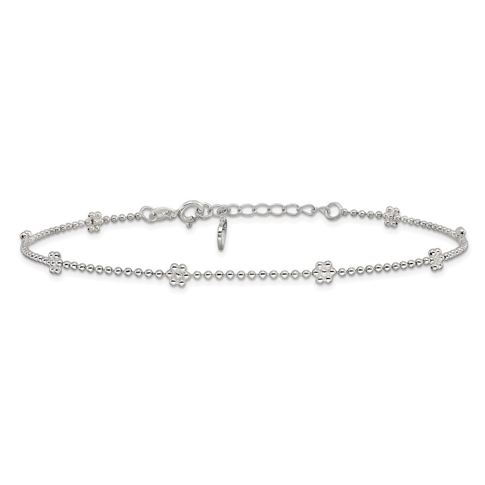 Sterling Silver Flowers 8-Station 9 inch Plus 1 inch Extender - Total 10 inch Anklet