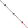 Sterling Silver Polished & Multi-color Enameled Hearts with 1 Inch Extension Children's Bracelet