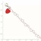 Sterling Silver Link Red Synthetic Crystal Stone Heart Anklet