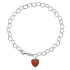 Sterling Silver Link Red Synthetic Crystal Stone Heart Anklet
