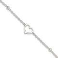 Sterling Silver Open Heart and Bead 9 inch Plus 1 inch Extender - Total 10 inch Anklet