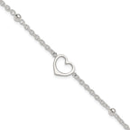 Sterling Silver Open Heart and Bead 9 inch Plus 1 inch Extender - Total 10 inch Anklet