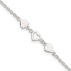 Sterling Silver Three Hearts 8 inch Plus 1 inch Extender - Total 9 inch Anklet