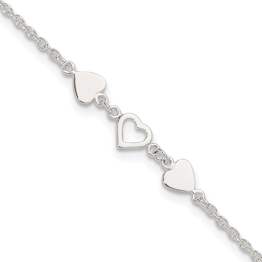 Sterling Silver Three Hearts 8 inch Plus 1 inch Extender - Total 9 inch Anklet