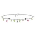 Sterling Silver 9in Pink Crystal Green Quartz Peridot Beads Anklet