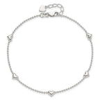 Sterling Silver Puffed Heart 5-Station 9 inch Plus 1 inch Extender - Total 10 inch Anklet