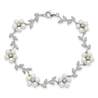 Sterling Silver Rhodium-plated CZ Vine Pattern and Fresheater Cultured Pearl Floral 7 inch Bracelet