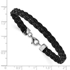Sterling Silver Rhodium-plated Black Braided Leather Bracelet