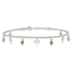 Sterling Silver Dragonfly with Aqua and Green Beads 10 inch Plus 1 inch Extender - Total 11 inch Anklet