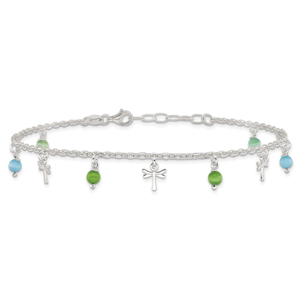 Sterling Silver Dragonfly with Aqua and Green Beads 10 inch Plus 1 inch Extender - Total 11 inch Anklet