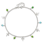 Sterling Silver Dragonfly with Aqua and Green Beads 10 inch Plus 1 inch Extender - Total 11 inch Anklet
