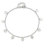 Sterling Silver Double Heart 9 inch Plus 1 inch Extender - Total 10 inch Anklet
